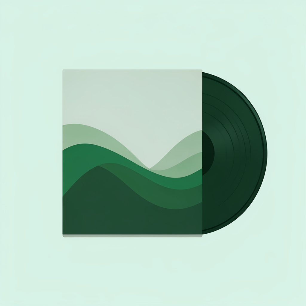 Flat vector illustration of a vinyl record sleeve in muted sage and forest green tones, with abstract wave patterns suggesting electronic music, set against a pale mint background
